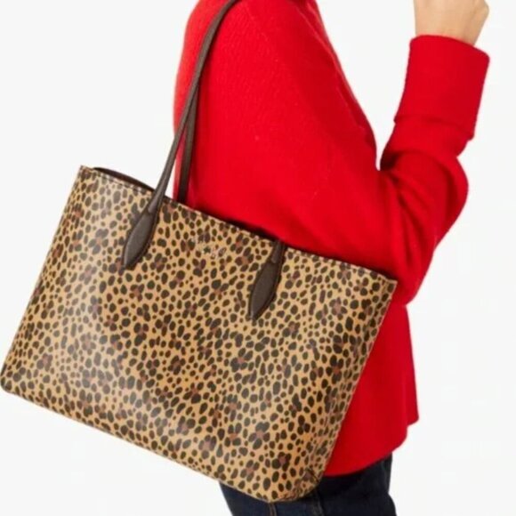 Kate Spade All Day Tote Leopard Brown Leather Shoulder Bag Purse Wristlet Set - Picture 5 of 10